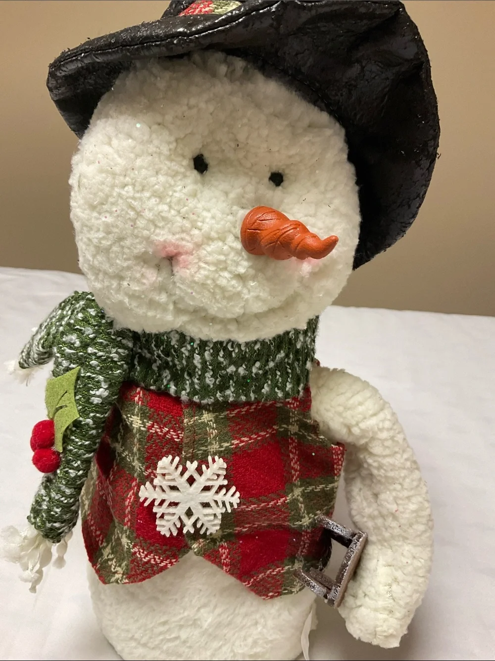 17” Plush Snowman Holiday Figure with Black Hat and Red Plaid Vest.